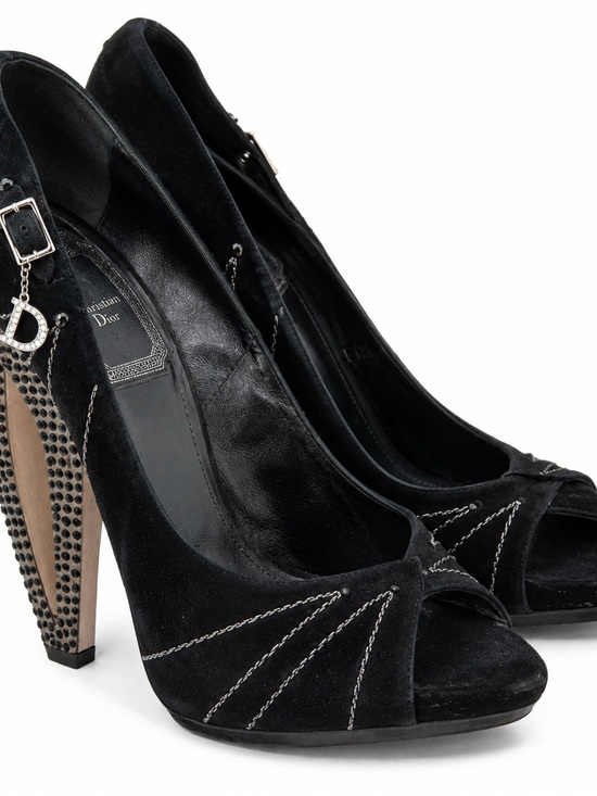 Dior Shoes - 💯 Authentic Christian Dior Black Suede Peep Toe Heels with Studded Heel & Dior C